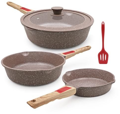 AIKENBBKK Keramik Pfannenset 5-teiliges, Pfanne mit Deckel 20/24/28 cm Antihaft Keramikbeschichtung Bratpfannenset mit abnehmbaren Griff, Backofen und Spülmaschinenfest- Braun