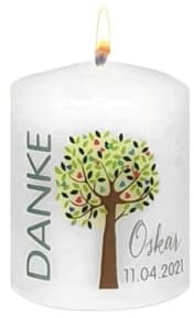 Wiedemann Kerzen Gastgeschenk Taufkerze 60 x Ø 50 mm in Weiß Danke und Baum bunt und Namensverzierung, 12 Stück