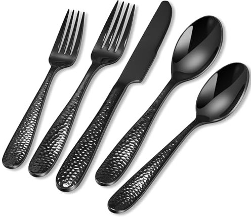 Besteck Set 12 Personen Schwarz, HONKKU 60 Teiliges Gehämmertes Besteckset, Premium Edelstahl Essbesteck Set mit Messer Gabeln Löffel für Familien/Party/Restaurant, Hochglanzpoliert Spülmaschinenfest