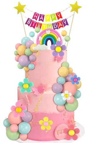 25 PCS Tortendeko Kugeln, 12 PCS Gänseblümchen Tortendeko Regenbogen, Cake Topper mit Happy Birthday-Banner, Macaroon Regenbogen Ball Kuchen Toppers, für Geburtstagsfeier Babyparty