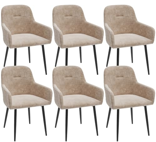 Chleby 6er Set Esszimmerstühle aus Samt Elegant Sessel mit Diamantmuster Rückenlehne, Küchenstuhl großer Wohnzimmerstuhl, Stuhl mit Armlehnen und Metallbeinen Beige