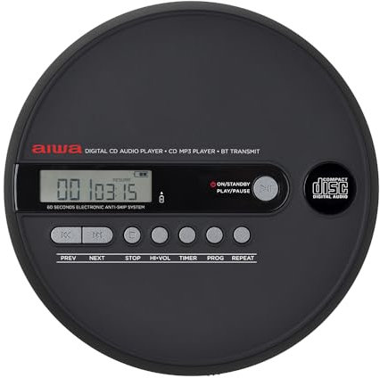 AIWA PCD-1000BT - Lettore CD portatile per riprodurre dischi CD/CD-R/RW/MP3, anti-shock, Bluetooth trasmettitore e con batterie ricaricabili. Colore nero