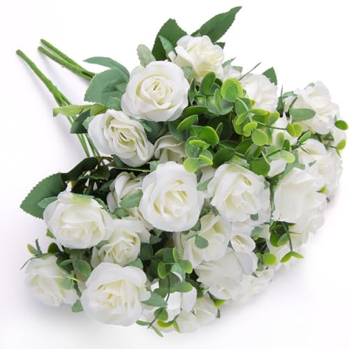 Sandiyago 33 Bouquets Bouquet de Fleurs, Rose Artificielle, 3 Paquets Fleurs de Roses Artificielles, Décorations de Table de Mariage de Fête Décoration de La Maison(Blanc)