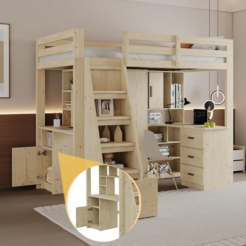 Zravenna Kinderbett Hochbett 90x200 mit Stauraumtreppe, Schreibtisch mit Regalen und Schränken, Treppe mit Schubladen, Rausfallschutz Etagenbett, Massivholz, Natur