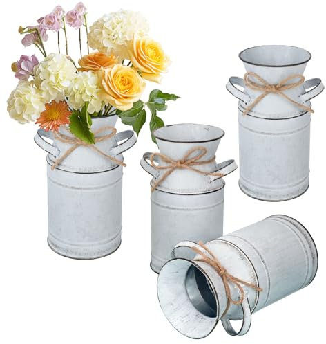 Biugaaufai 4 Pack Metal Flower Vase, Galvanized Metal Milk Can, French Rustic Milk Jug Planter, Farmhouse Decorative Flower Vase, Farmhouse Metal Vases for Home, Fireplace, Cabinet, Bathroom Decor