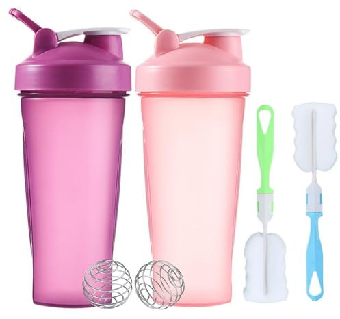 2 Stück Proteinshaker Flasche, Protein Shaker Bottle, Eiweiß Shaker, Protein Shaker mit 2 Mixball Edelstahl + 2 Schaumstoffbürste für Fitness Eiweiß, Auslaufsicherer Deckel mit Schlaufe, 600ml