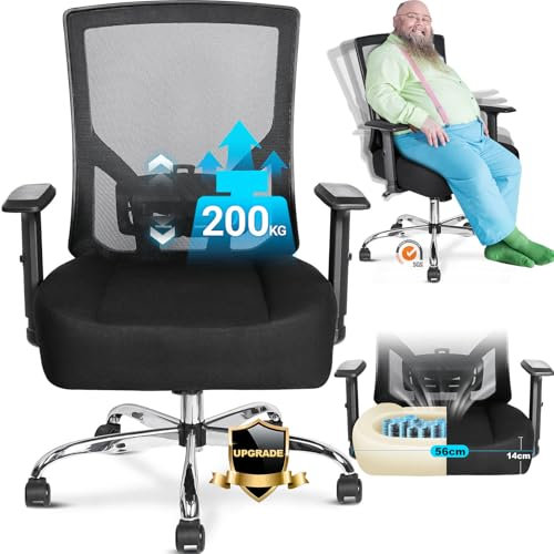 MELOKEA Sedia da Ufficio Ergonomica 200 kg 440 libbre 56CM Grande larghezza per Persone Pesanti, Sedia Extra Larga e Resistente XXL, 90° a 130°, Seduta a Molla Ultra-Spessa da 14 cm,Grande Max 1,95 m