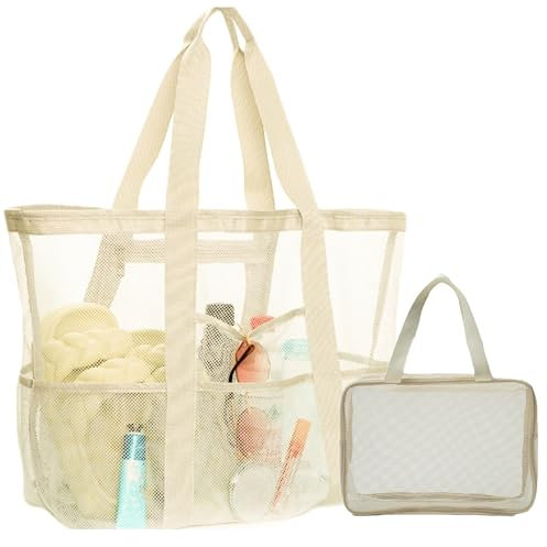 Nlqhyrexion Strandtasche XXL Beige, 58x48x20 cm (O 58/U 40) + 30x20x10 cm, Mesh, mit Tragegriffen, für Reisen/Picknick/Damen