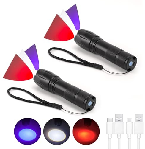 2 Pack LED Rechargeable Mini Flashlight, Bright Small Zoomable Red Light Flashlight with 395 nm Black Light UV Lights Flashlights USB C Charging for Camping Hiking Home Emergency Pet Stain Detection