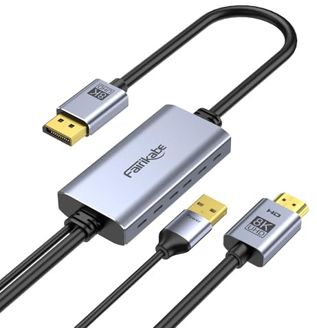 fairikabe Adaptador de cable HDMI 2.1 a DisplayPort 1.4 de 6 pies, fuente HDMI activa unidireccional a cable de monitor DisplayPort 8K, convertidor para ordenador, PC, PS5, Xbox macho a macho