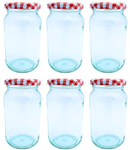 Bramley & Sage 375ml 1lb Round Glass Jam Jars with Red Gingham Twist-Off Lids (Set of 6)