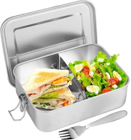 KITDAHOM Brotdose Edelstahl mit 2 Fächern - 1200ml Lunchbox Edelstahl mit Edelstahlgabel, Alles aus 304 Edelstahl, mit Beweglicher Trennung und Auslaufsicherer Dichtung, für Kinder und Erwachsene