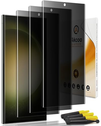 Akcoo Lot de 3 films de protection d'écran de confidentialité pour Galaxy S23 Ultra en verre trempé UV, anti-espion, protection bord à bord, toucher sensible, compatible avec empreintes digitales