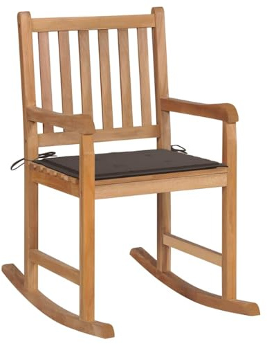 QJBSAVVA Schaukelstuhl Massivholz Teak mit Taupe Kissen, Ergonomischer Holzstuhl für Garten Terrasse und Wohnbereich, Rustikaler Relaxstuhl mit Lattendesign, 58 x 92,5 x 106 cm