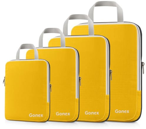 Compression Packing Cubes 3/4er Set, Gonex Kleidertaschen 4-teilig Verpackungswürfel, Kleidertaschen Set, Kofferorganizer Reise Würfel, Orangegelb