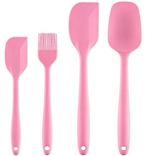 PREMYO Juego 4 Espátulas Cocina Lengua Silicona Pincel de Repostería Cuchara Resistente al Calor Antiadherente Volteador Paleta Masa Pastel Rosa