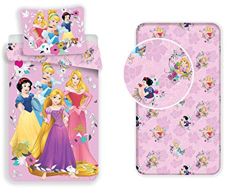 LesAccessoires Disney Prinzessinnen Bettwäsche, 3-teilig, Bettbezug + Kissenbezug + Spannbettlaken 100% Baumwolle