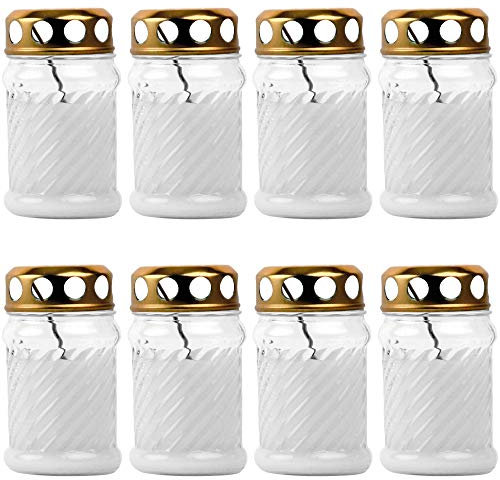 8X Grablicht Grabkerze aus Glas Rille (10,5 cm) ca. 24 Stunden Brenndauer/Farbe: Weiß