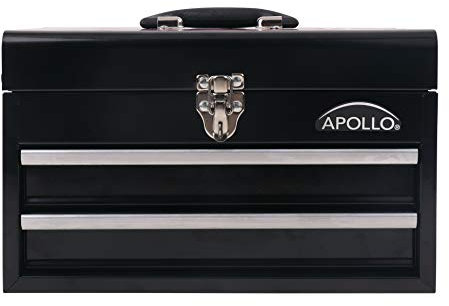 Apollo Tools Werkzeugkoffer aus Stahl, 35,6 cm, tiefes Fach oben und 2 Schubladen, aus robustem Stahl, mit Kugellager-Öffnung und pulverbeschichteter Oberfläche, Schwarz