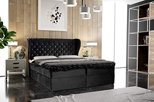 MOEBLO Boxspringbett mit Bettkasten 160x200 in Stoff und 5cm Topper - Bonell-Federkernmatratze | H2/H3 Härtegrad - Viktoria (Schwarz, 160x200)