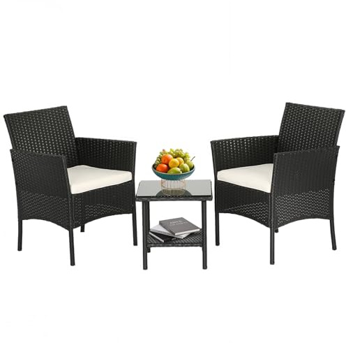 FDW Wicker Outdoor Furniture Patio Furniture Set of 3 Rattan Patio Chairs Outdoor Chairs Patio Conversation Set with Coffee Table for Yard Backyard Lawn Porch Poolside Balcony,Black