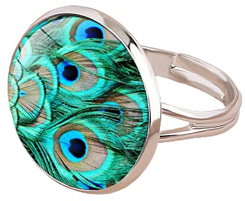 Ring mit Pfauenfedern, Vintage-Stil, Glaskuppel, handgefertigt, verstellbar, Ringe Frauen Schmuck für Damen und Mädchen