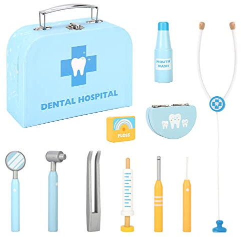 SOKA Wooden Dental Hospital Pretend Playset Educational Preschool Dentist Doctor Role Play Toy Medical Tool Kit with Carry Case for Kids Children Girls Boys Ages 3 year old +