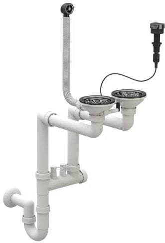 Platzsparendes Küchenspülen Siphon - Küchenspülenablauf - Set mit Anschluss Geschirrspülmaschine - ø 115 mm/3,5 Zoll - Ablaufgarnitur für 2 Becken mit automatischen Stopfen - Schwarz - Granitan