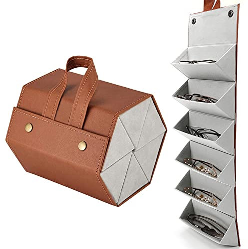 CHENKEE Sonnenbrillen Aufbewahrungsbox, 6 Fächer Faltbare Brille Displaybox Tragbar Brillenbox Aufhängbares Brillenetui für mehrer Brillen Brillenaufbewahrung (Braun)