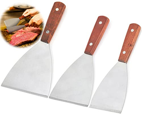Grillspachtel 3 Stück Spachtel Edelstahl Werkzeug Spachtel Maler Grillwender Aus Edelstahl Holzgriff Schaber Set Zum Grillen Von Teppanyaki-Fleisch Und Zum Reinigen Der Grillpfanne