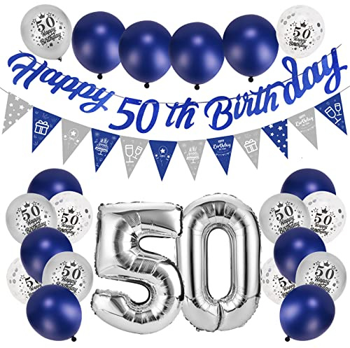 Afirbeone 50th Birthday Decorations - Navy Blue & Silver, Happy Birthday Banner, Triangle Flag, Confetti & Aluminum Foil Balloons
