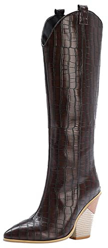 Lroey Reoly Stivali Alti Tacco Western Donna, Stivali da Cowboy Moda Zip Stivali Alti Tacco Alto Appuntito Stivali Invernali 252 Marrone Numero 40 EU