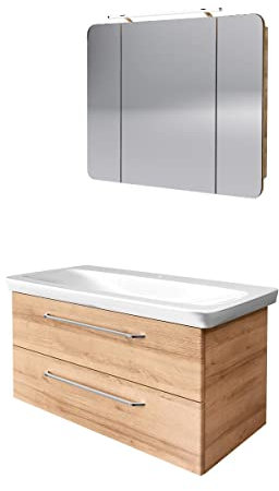 FACKELMANN Milano Badmöbelset 3-teilig, 100 cm Breite, Waschtisch mit Unterschrank und Spiegelschrank in Holz braun, inkl. LED-Beleuchtung mit Soft-Close-System