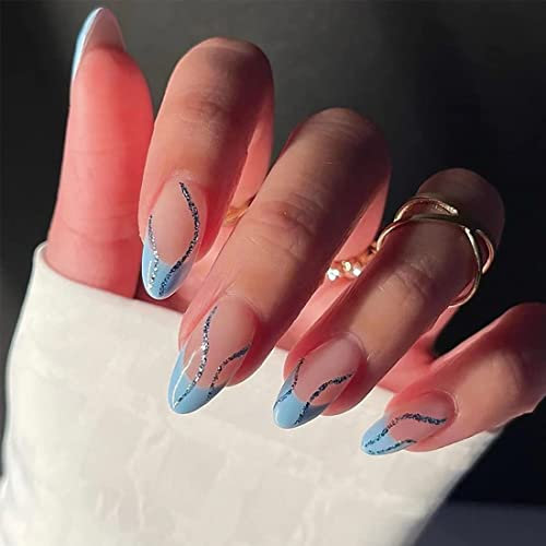 JUSTUSNX 24pcs amande faux ongles français bleu bordé Nude faux ongles feuille d’or paillettes argent Wave Press sur les ongles pour femmes et filles (B)