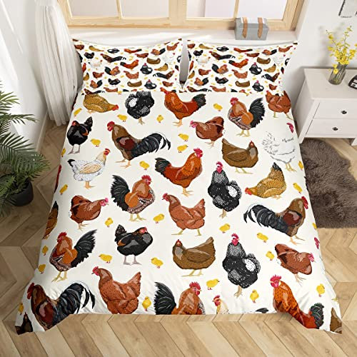 Hühner Tröster Bezugsset 155x220.Rustikale Hahn Henne Bettbezug für Teen Erwachsene Schlafzimmer Dekor, Bauernhof Tiere Bettwäsche Set mit Reißverschluss Verschluss 1 Kissenbezug, Orange Schwarz Weiß