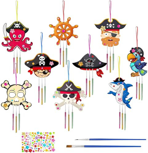 Graplan 49 Stück Piraten Windspiel Bastelset - Piratenschatz Holz Piratenhut für Kindergeburtstag - DIY Basteln zum Bemalen für Kinder, Mädchen, Junge