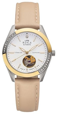 UMR RUHLA Armbanduhr, Damen, Automatik, Lederarmband, Titangehäuse, wasserdicht bis 5 bar, Farbe:Beige