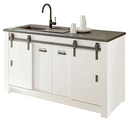 Küchenschrank Küchenunterschrank in weiß Pinie und schwarz/anthrazit Küche Unterschrank für Spüle oder Kochfeld mit Arbeitsplatte ohne Ausschnitte im Industrial Design 161 x 93 cm Stove (Mittel)