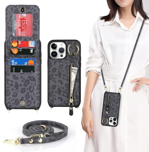 Zouzt for iPhone 14 Pro Max Case with Cord and Card Holde, Zipper Wallet Case with Crossbody Lanyard Ring Adjustable Necklace Protective Cover Women for iPhone 14 Pro Max 6.7 Inch - Black Leopard