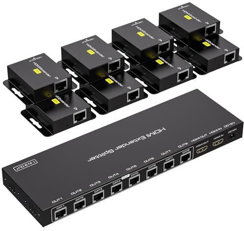 VPFET 8 Port HDMI Extender Splitter 1 in 8 Out over Cat6 Ethernet Bis zu 50m 165ft mit 1 HDMI Loop Out Unterstützung 1080P 60Hz EDID Management und POC Nur mit TX verbunden