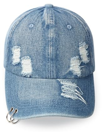 Vintage Distressed Jean Hat, Light Acid Washed Denim, Ripped Baseball Cap, Adjustable Clip for Universal Fit