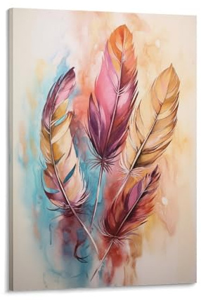 Kunstdruck auf Leinwand, Vintage-Federn, gerahmt, Aquarell-Bilder, Tierfedern, modern, fertig zum Aufhängen