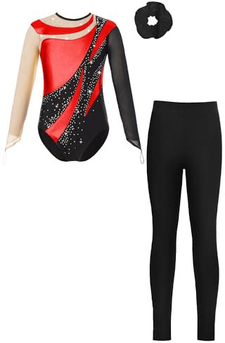 Alvivi Mädchen Turnanzug Langarm Gymnastikanzug mit Hose Haarband Patchwork Ballettanzug Trikotanzug Akrobatik Anzug Eislaufen Tanzkostüm Rot Schwarz 146-152
