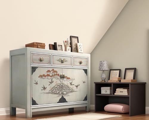 OPIUM OUTLET Möbel Kommode Schrank Sideboard chinesisch asiatisch orientalisch Vintage handbemalt Lieferung komplett montiert Holz hellgrau beige
