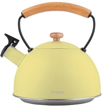 briebe Retro Whistling Induction Teapot 2.3L, Infusions, Stainless Steel Water Kettle, All Types of Kitchens, Ceramic Hob, Gas, Cold Touch Wood Handle, Vintage Design, Tea Pot, Pastel Yellow