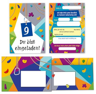 Minkocards 12 Einladungskarten incl. 12 Umschläge zum 9. Kindergeburtstag Klettern Bouldern Mädchen Jungen Einladungen neunte Geburtstag