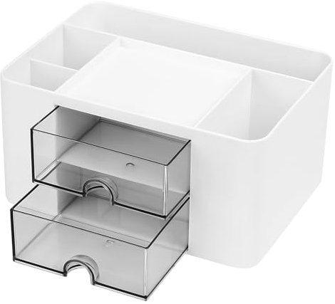 Organizzatore Scrivania, Supporto per Penne da Ufficio, Portaoggetti Scrivania con 5 Scomparti e 2 Cassetti, Portapenne Multifunzionale, Organizzatore Scrivania per Forniture Ufficio e Cancelleria