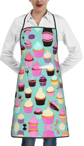 Lrtyuasq Kochschürze mit Cupcake-Muster, bedruckte Kochschürze mit Taschen, weich und spritzsicher, Küchenbegleiter, Cupcake-Muster, One size