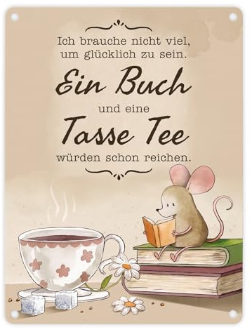 Maus mit Buch Metallschild in 15x20 cm mit Spruch Buch und Tee machen mich glücklich Vintage Ideal zum Lesen Perfekt für jede Leseratte Bücherwurm Entspannende Pause