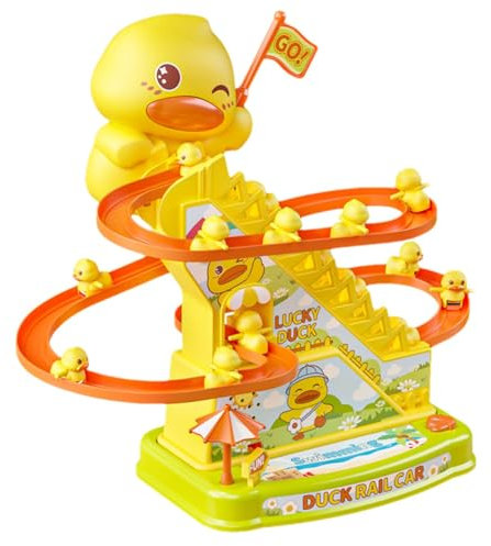 Zqkimzi Duck Climbing Stairs Toy, Cute Duck Roller Coaster Electric Track Slide Stairs Toy with Flashing Lights Music, Duck Games for Kids, Climbing Stairs Toy Fun Escalator Toy for Cognition Hands-